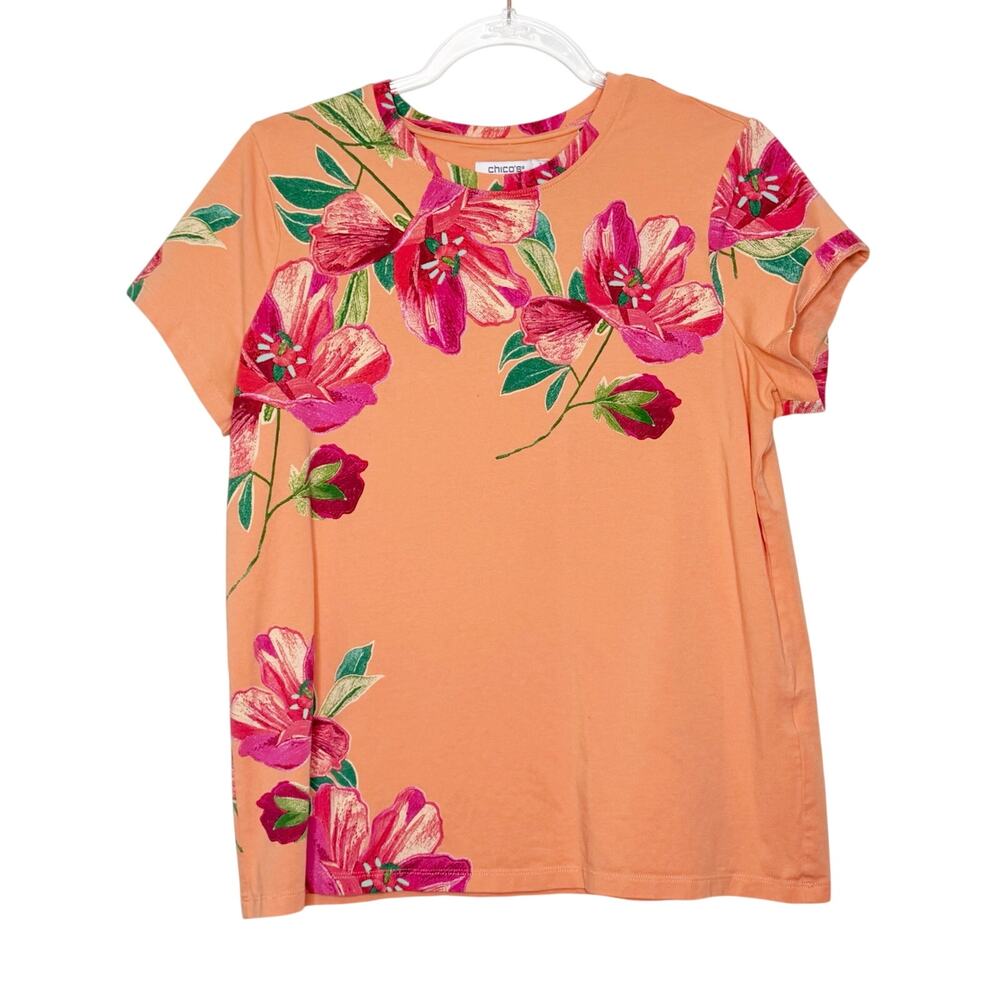 CHICO’S Floral Cap Sleeve Tee Crew Neck Classic Fit Orange Multi Womens Size L - Picture 3 of 8